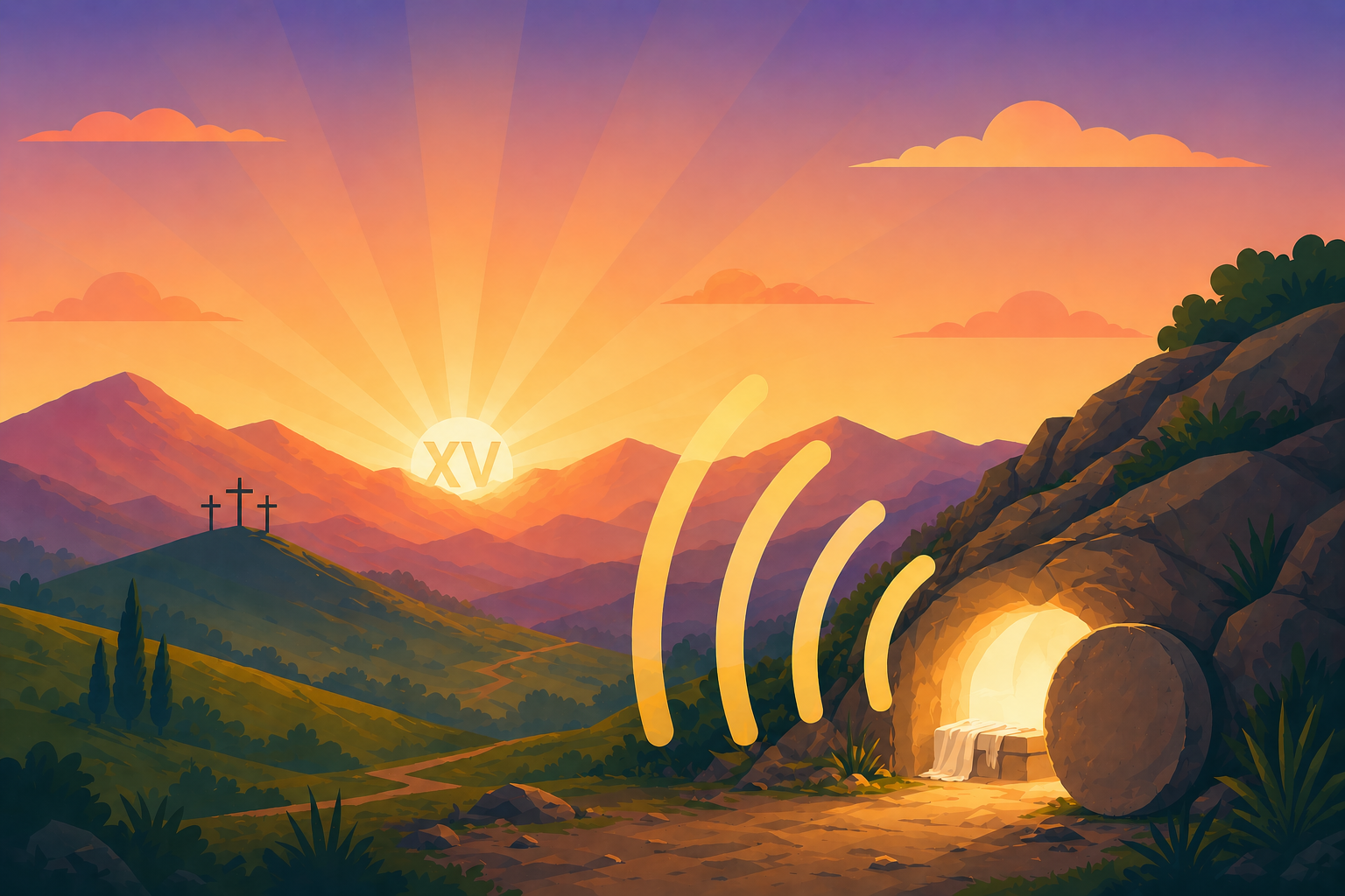 An empty tomb at sunrise, three crosses on a distant hill, and podcast signal arcs rising into a golden and violet sky — the farewell image for The 15th Station